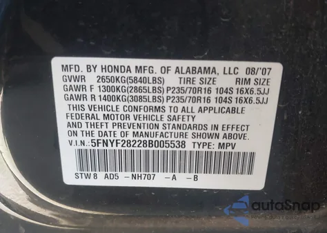 2008 Honda Pilot Vp from USA, damaged, VIN 5FNYF28228B005538
